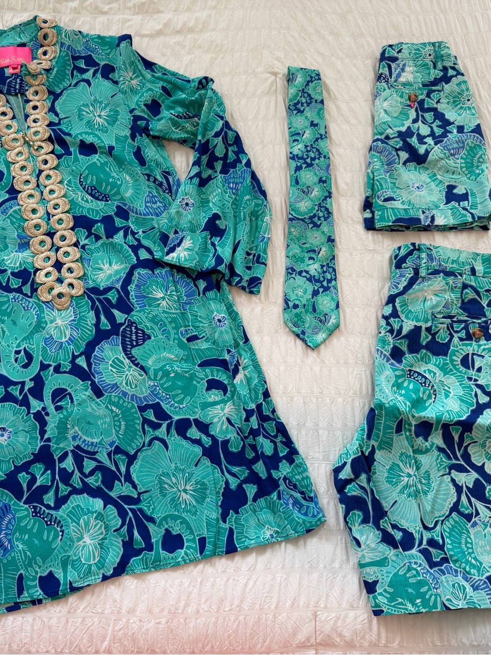 Turquoise & Navy Floral Tunic Set with Tie